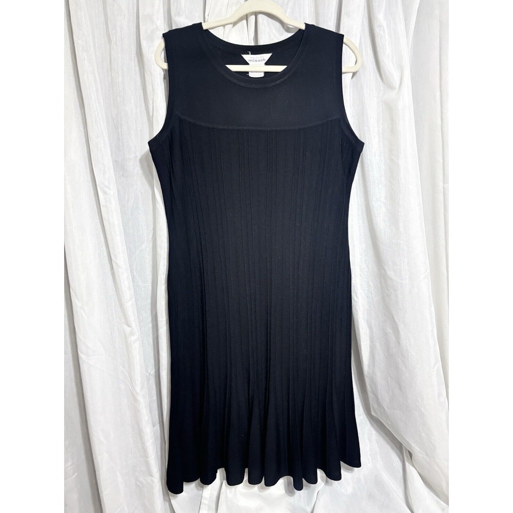 Misook Santana‎ Knit Black Dress Ribbed 14 16 Large Sleeveless Fit Flare EUC